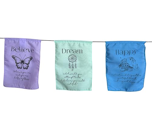 Affirmation Prayer Flags – Set of 6 (9 × 12 Inch) Handmade in Bali on Cotton Mix Fabric | Words of Believe Dream Happy Love and Wisdom for Mindful Decor