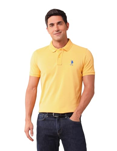 Image of U.S. Polo Assn. Men's Yellow Solid Polo Collar Half Sleeve Casual Cotton Slim Fit T-Shirt