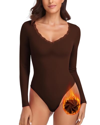 WOWENY Thermo Body Damen Langarm Elegant Langarmbody mit Spitze...