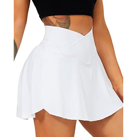 Navneet Women Pleated Tennis Skirt with Shorts Pockets Golf Outfit High Waisted Mini Skirt Skater School Workout Running Sport Skorts V Waist: White,Medium Cover