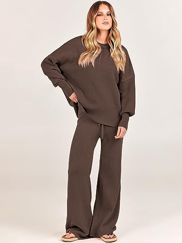 ANRABESS Womens 2 Piece Outfits Fall Lounge Set 2025 Oversized Chunky Knit Sweater Top Wide Leg Pants Loungewear Clothes2