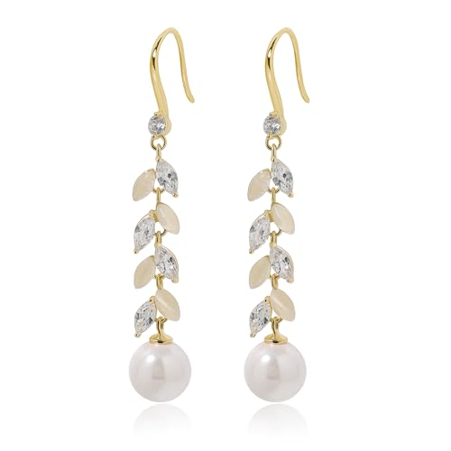 Pendientes de plata anti alergias Meissa largos con perla y hoja dorada ligera