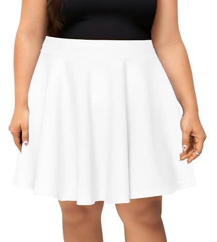 Afibi Womens Plus Size Mini Skater Skirt Basic Versatile High Waisted Flared Short Stretchy Skirts (XX-Large Plus, White)