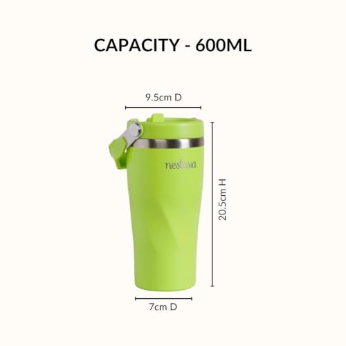 Image of Nestasia PopSip20 Stainless Steel Kids Tumbler (590 ml) - Insulated Sipper with Built-in Straw, Top Handle & Leakproof Lid | Water Bottle with Embossed Design for Adults, Travel & Gym (Lime Punch)