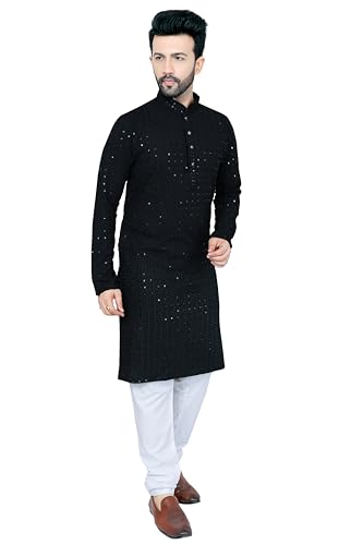 Men's Embroidered Kurta and Straight Pants Set, Multicolor, Viscose Rayon, Knee-Length, Kurta for Men (BLACKK, LARGE)3