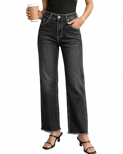 Image of GRAPENT Straight Leg Jeans for Women High Waisted Stretchy Frayed Raw Hem Loose Denim Pants Casual Baggy Jean Trousers