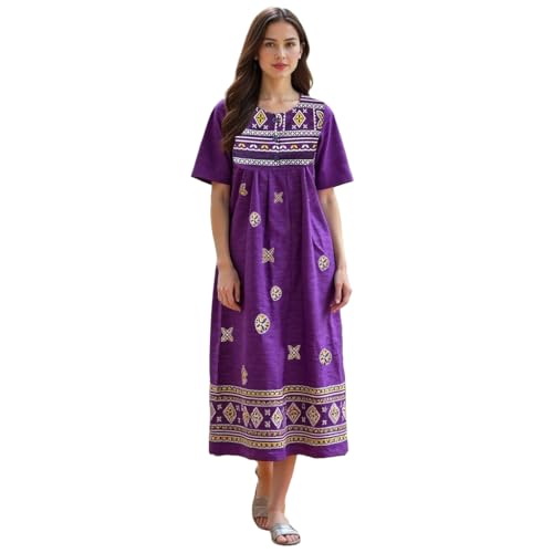 Loungees Border Print Cotton Lounge Dress/House Dress/Caftan | 3 Button Bib Yoke Short Sleeve