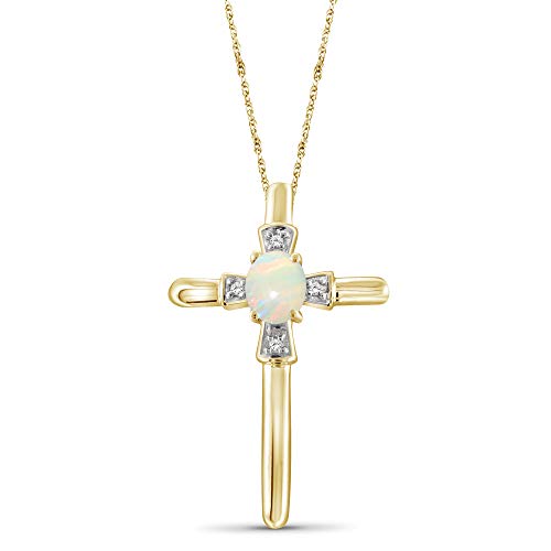 JEWELEXCESS Gold Cross Necklaces for Women â€“ 14k Gold Cross Necklace for Women Over .925 Sterling Silver Cross â€“ 4k Opal Necklace Centerpiece, White Diamond Accents â€“ Hypoallergenic Cross Pendant