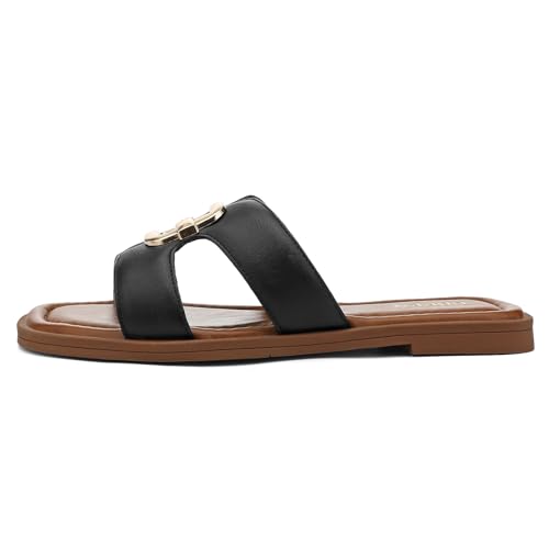 Image of UBFEN Womens Square Toe Flat Sandals Slides Dressy Comfortable for Beach