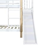 Rvjiahe Etagenbett mit Rutsche und dreistufiger Winkelaufstiegsleiter, Hausbett mit mit Absturzsicherung, Kinderbett, Bettrahmen aus Massivholz, Weiß+Natur, 90x200cm (Weiß+Natur, 90x200cm)