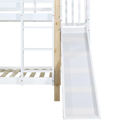 Rvjiahe Etagenbett mit Rutsche und dreistufiger Winkelaufstiegsleiter, Hausbett mit mit Absturzsicherung, Kinderbett, Bettrahmen aus Massivholz, Weiß+Natur, 90x200cm (Weiß+Natur, 90x200cm)
