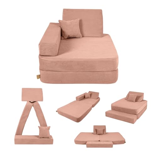 Angelove Fauteuil Enfant 3‑en‑1 - Canapé Modulable et Matelas de Jeu en Velours Côtelé, Confortable dès 1 an, Brique