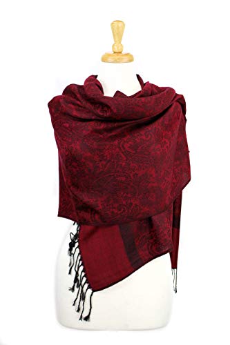 Paskmlna Paisley Jacquard Pashmina Shawl Wrap Scarf Stole,Burgundy-black018-09,Large - Thumbnail 2