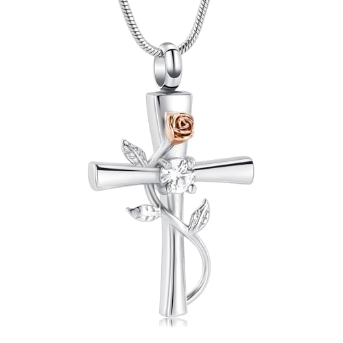 VCCWYQK Collier urne funéraire en forme de croix pour femme avec pierre de naissance et fleur de rose - Bijoux de crémation pour femmes et filles - Pendentif souvenir pour cendres (argent)