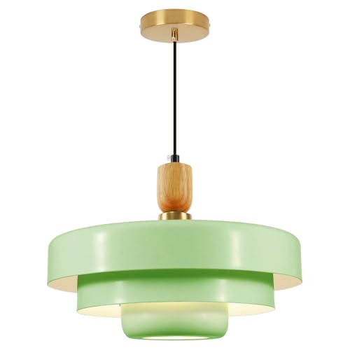 Image of Mint Green 3-Tier Pendant Light, Mid-Century Modern Wood Accent Hanging Lamp with 59 inch Adjustable Cord, E26 Base for Kitchen Island, Dining Room & Boho Bedroom