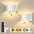 FULEN Motion Sensor Wall Light with Remote Control 3 Colors Wireless Wall Sconces LED Indoor Up and Down Wall Lamp 5000mAh Rechargeable Battery Powered Wall Lamps Brightness Adjustable, White 2 Pack
