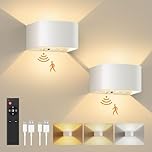 FULEN Wall Lights with Motion Sensor, Remote Control, 3 Colors,Up and Down Indoor LED Wall Sconces,On and Auto Modes,5000mAh Rechargeable Battery Operated Wall Lamps for Bedroom,Living Room,Stairs
