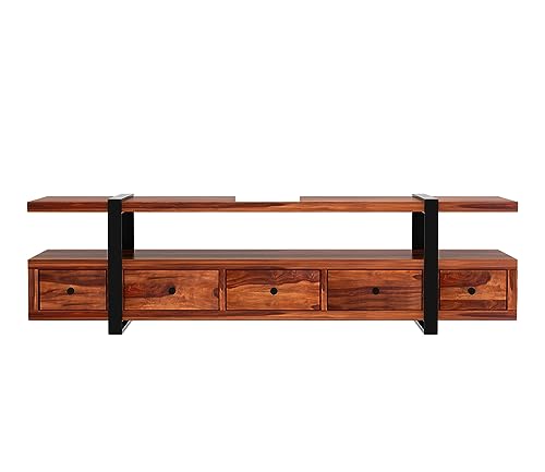Image of Rustic Sheesham Wood & Metal TV Unit with 5 Drawers, 1 Shelf, and Storage for up to 70-inch TV - Perfect for Your Living Room (Arsenal, Honey Finish)