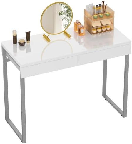 GreenForest Dressing Table with 2 Drawers Glossy White 100 x 40 cm Home Office Computer Desk Makeup Vanity Console Table with Metal Silver Legs for Small Spaces Bedroom Furniture No Mirror,Silver