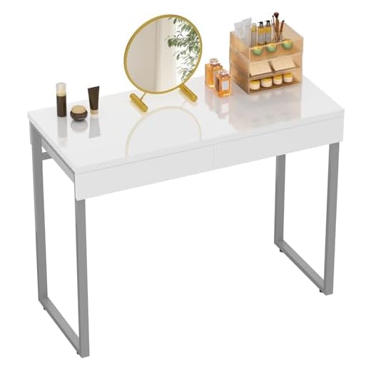 GreenForest Vanity Desk with 2 Drawers Glossy White 47 inch Modern Home Office Computer Writing Desk Makeup Dressing Table with Metal Silver Legs for Bedroom,Without Mirror