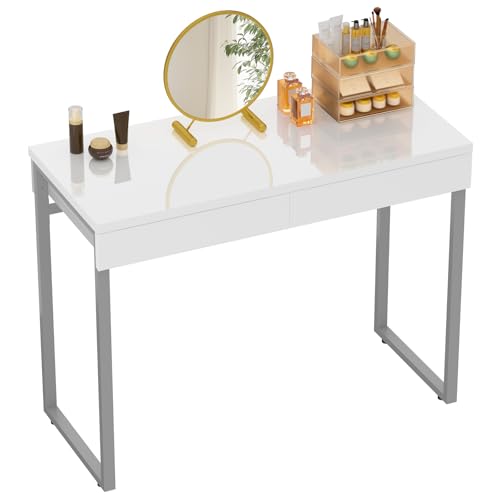 Cómoda con dos cajones en Lidl GreenForest Cómoda con 2 cajones de Color Blanco Brillante 100x40 cm Mesa de Ordenador Sin Espejo maquilladora con Patas de Plata metálicas para Muebles de Dormitorio de pequeño Espacio,Plateada