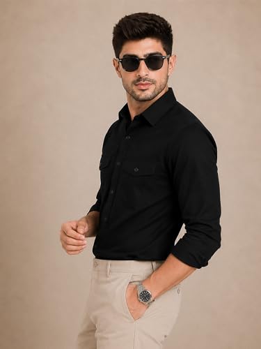 Image of Veirdo Men's Pure Cotton Utility Shirt | Full Sleeve Casual Button-Down with Dual Chest Pockets | Stylish & Comfortable Everyday Wear | Colors: Beige, Black, Maroon, Olive, Rust & White