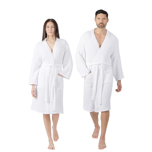 Comfy Cubs 100% Cotton Muslin Bathrobe - 4-Layer Absorbent Robe with Pockets & Belt for Bath, Spa, or Lounging