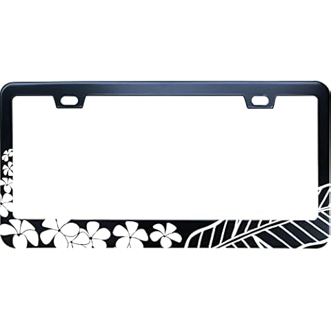 XYcustomBest Black Beautiful Plumeria Hibiscus Flower Palm Leaves Stainless Steel License Plate Frame for Men/Women with 2 Screw Caps for US/CA Vehicles Cover