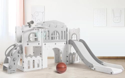 GarveeLife 8-in-1 Toddler Indoor Playground with Slide: Baby Slide Playset for Toddlers Ages 1-3 Outdoor Play, Kids Slide Includes Basketball Hoop, Climber, Crawling Tunnel, Telescope, Toy Storage