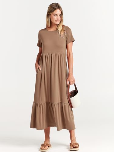 Image of ANRABESS Womens 2026 Summer Casual Maxi Dress A line Tiered Flowy Short Sleeve Crewneck T Shirt Beach Travel Long Dresses
