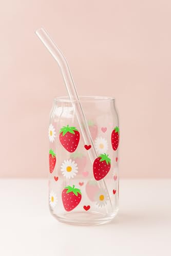 Image of THE UMBRELLA STORE Glass Tumbler Bamboo Lid and Straw, Coffee Tumbler, Reusable Glass (Strawberry)