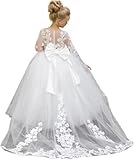 LECOYOYO Vestido de princesa para niña, vestido de primera comunión con encaje, vestido de flores para niña, vestido de manga larga para bodas de niños, beige, 12 años