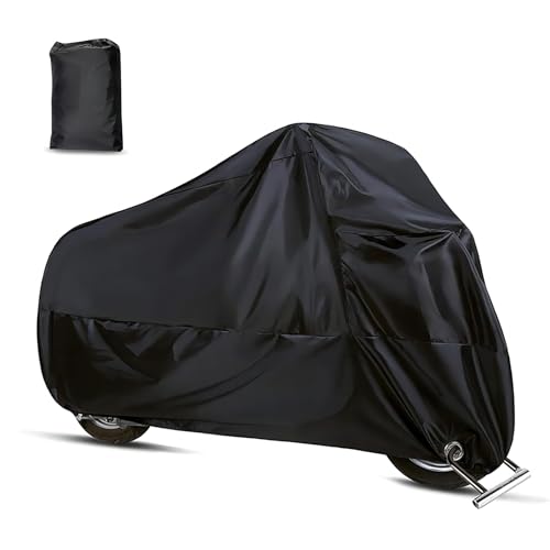 waswale Motorcycle Cover for All Seasons, Full Coverage Waterproof Sun Protection Cover with Storage Bag, Anti-Theft Design Outdoor Protection with Lock-Holes, for Motorcycles (Black)