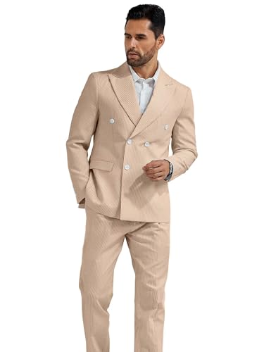 High-End Suits Men's Seersucker Suits 2 Piece Casual Summer Beach Wedding Prom Suit Khaki Seersucker Blazer Pants Set XL4