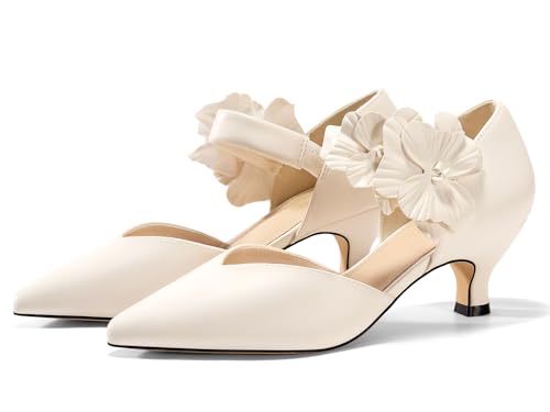 Image of Coutgo Womens Low Kitten Heels Dressy Shoes Comfortable Closed Toe Flower Slip on Formal Party Dance Heeled Pumps
