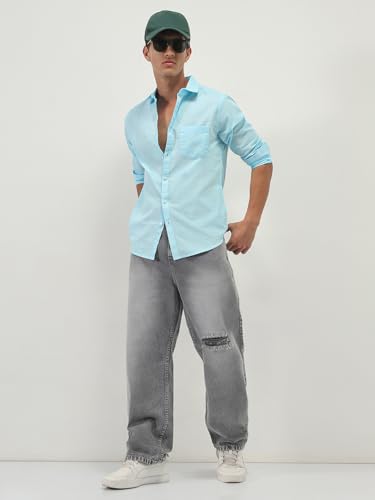 Image of Urbano Fashion Men's Cotton Full Sleeve Regular Fit Casual Solid Slub Shirt with Spread Collar