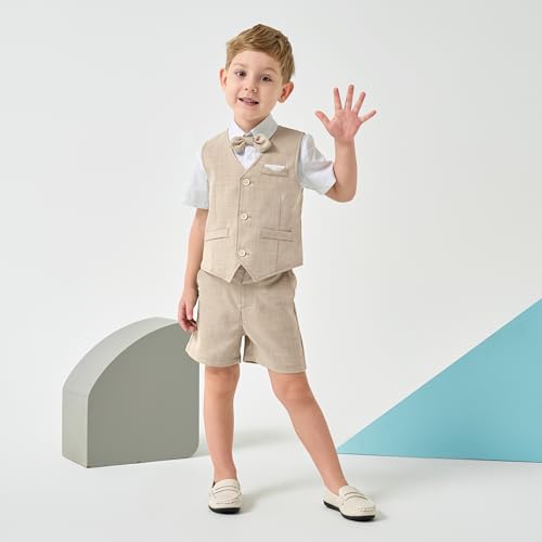 Image of Volunboy Baby Boys Summer Suits Short Sleeve Wedding Ring Bearer Outfits 4Pcs Graduation Dress Vest Shirt Bowtie Shorts Set