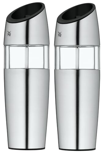 WMF Elektrische Kippmühle Set 2-teilig, 20 cm, Salz und Pfeffermühle elektrisch, unbefüllt Cromargan, Edelstahl matt Glas, Keramikmahlwerk