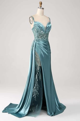 POMUYOO Satin Prom Dresses 2025 Sparkly Sweetheart Long Mermaid Evening Gown with Slit Pleated Formal Dress3