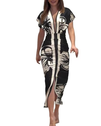 CHICME Summer Dresses for Women Floral Print Plunge V Neck Midi Dress Casual Ruched Slit Bodycon Party Dress
