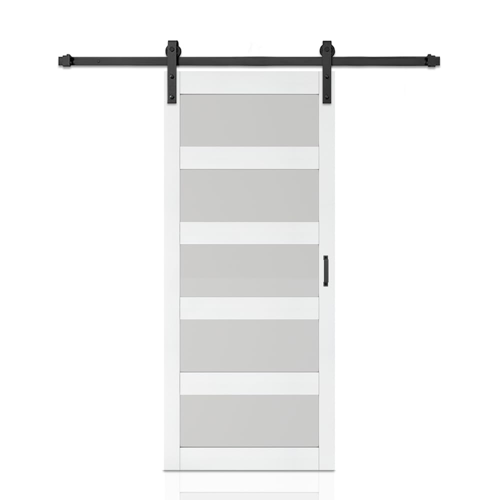 36 in. x 84 in. 5 Lite Tempered Frosted Glass White Finished Composite Interior Sliding Barn Door with Hardware Kit