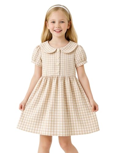 HILEELANG Girls Gingham Dress Apricot Cotton Summer Dress Peter Pan Collar Puff Sleeve Plaid Dress for Toddler and Big Girls 3-13 Years