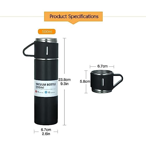 Image of Steel Vacuum Flask Set with 3 Stainless Steel Cups Combo - 500ml - Keeps HOT Cold Ideal Gift for Winter - Housewarming Random Color
