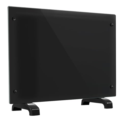 Electric Heater Glass Panel Radiator - Ultra Slim (11cm) - 1.5Kw - Adjustable Thermostat - Wall Mountable or Free Standing - Wall Bracket Included, Black