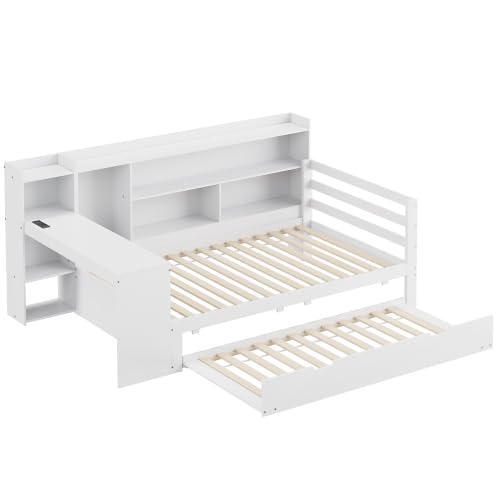 Lit pour enfant 90 x 200 cm, canapé-lit en bois massif, avec bureau, bibliothèque, compartiments de rangement, avec prise de courant, lit multifonction avec sommier à lattes en bois (blanc, 90 x 200