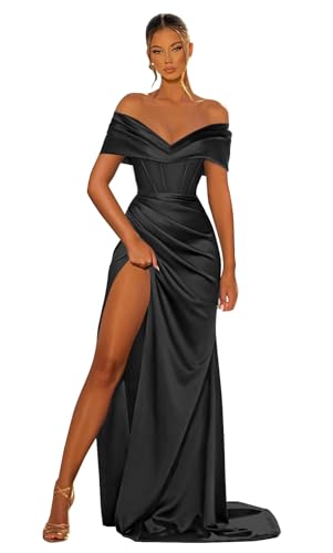 Women's Corset Satin Prom Dresses Off The Shoulder Split Mermaid Ruched Evening Formal Gowns