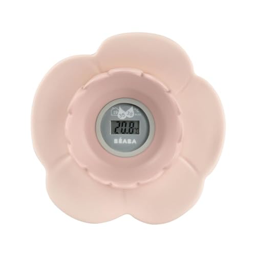 Béaba Thermomètre de bain"Lotus", Digital, Multifonctions, Prise température de la piéce et du bain, Forme ludique Fleur, Old Pink