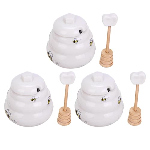 Amosfun Honey Pot with Dipper and Lid Ceramic Honey Jar with Bee Pattern 2.75in Set of 3 for Kitchen Table Home Storage Gift