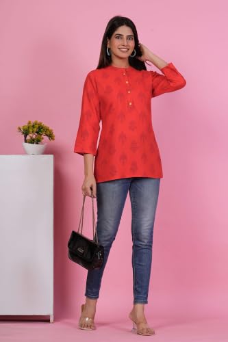 Image of Women's Red Printed Short Kurti Top with 3 /4 Sleeves