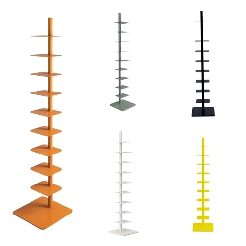 9-Tier Spine Bookshelf Metal Bookcase Vertical Book Shelf Tower Rotating Tall Narrow Bookshelf Ladder Book Rack Indoor (Orange)